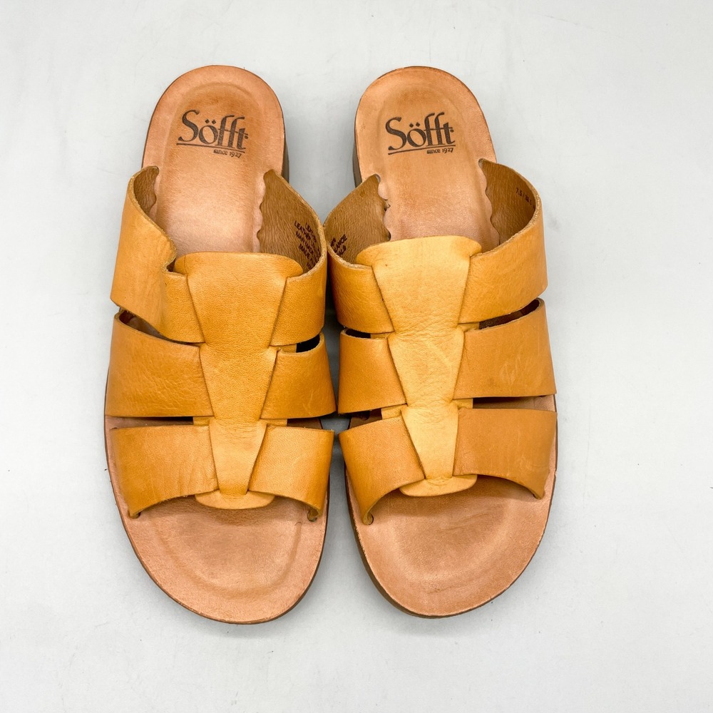 Sofft Womens 7.5 Almeda Woven Slide Sandals Mustard Yellow Leather Low Heel Boho